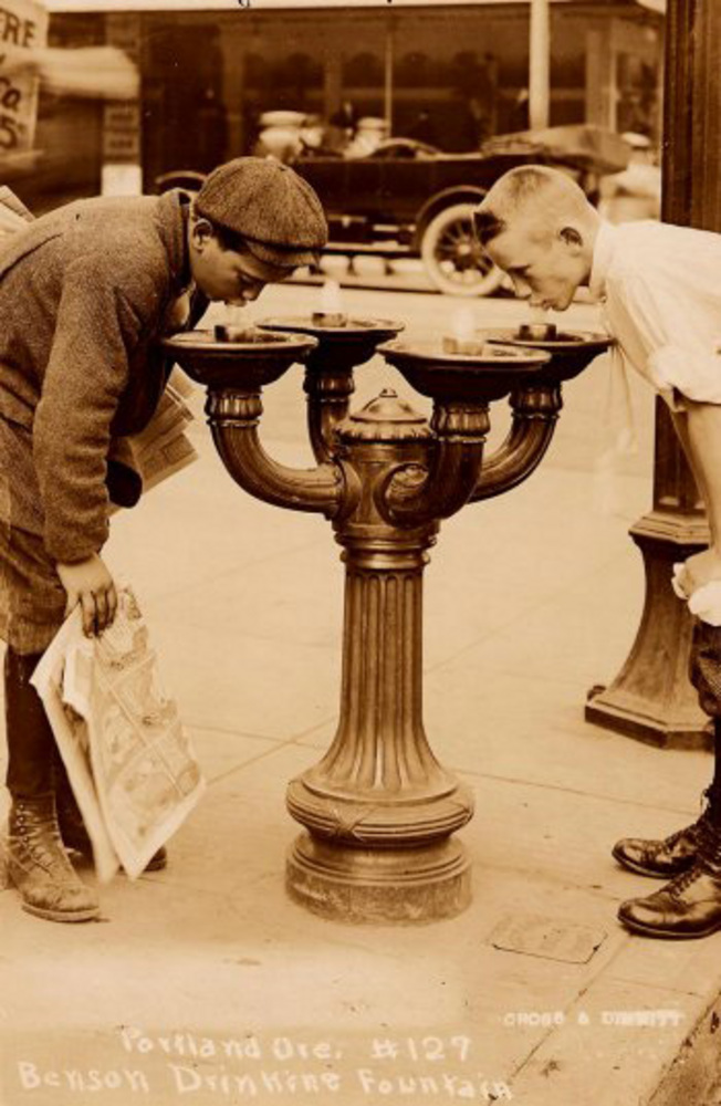 Two boys drink from one of fourteen Benson gave to the city.
