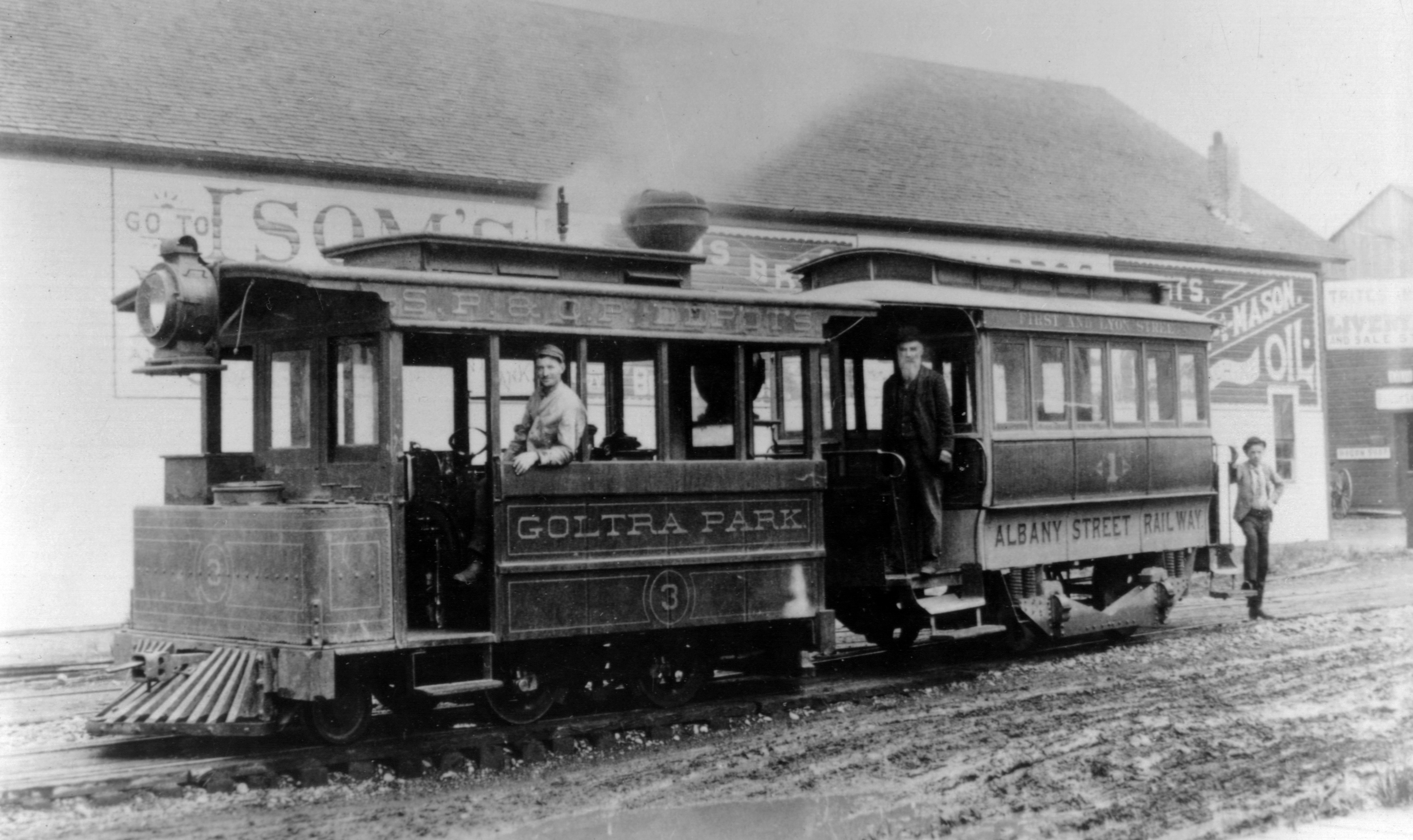 Albany Street Railway Steam dummy 3 and horsecar 1 headed to Goltra Park, 1890s.
