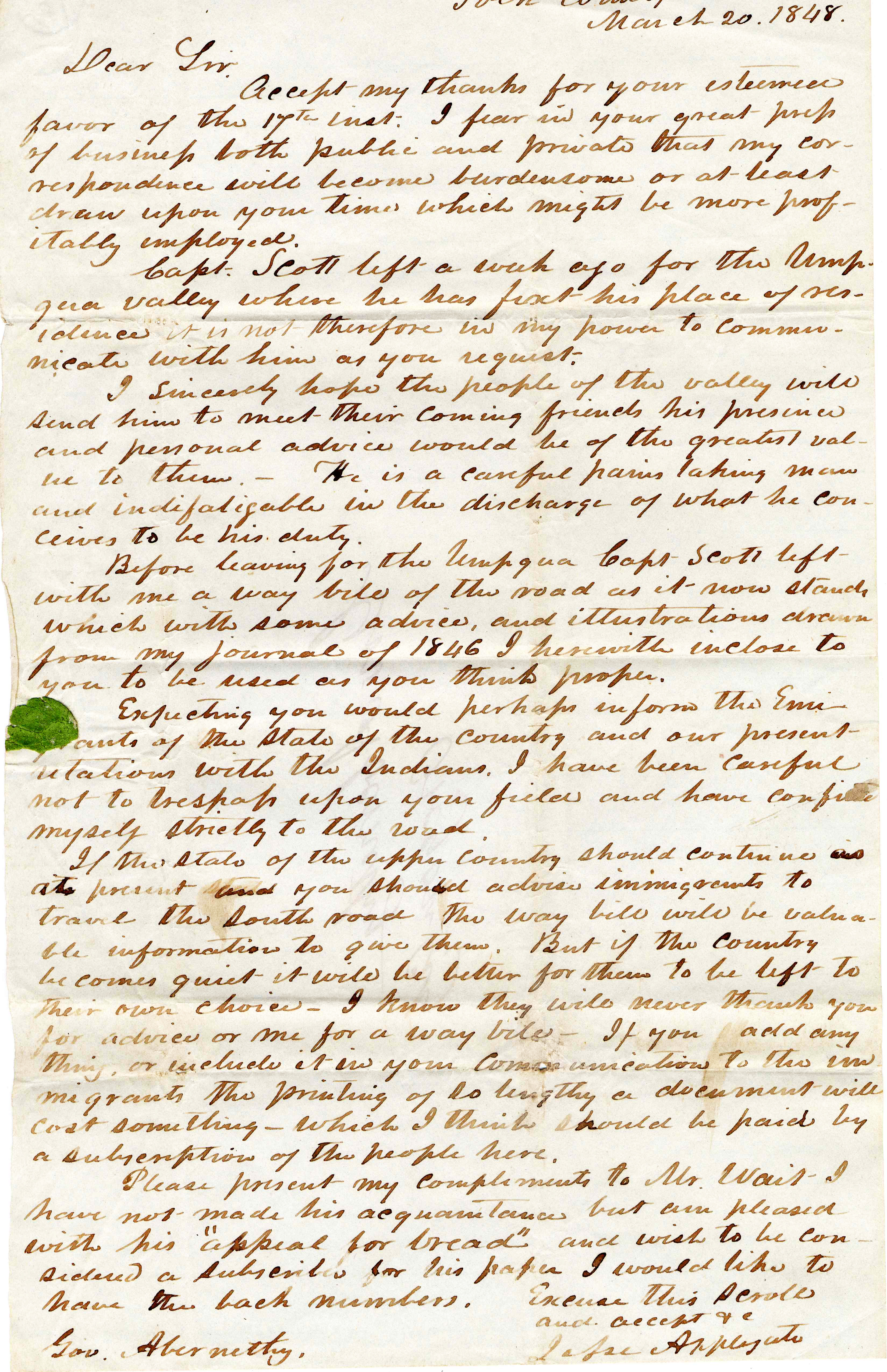 Cover letter from Jesse Applegate to George Abernethy, March 20, 1848, accompanying Levi Scott's waybill from Ft. Hall to the Willamette Valley published in the Oregon Spectator of April 6, 1848.