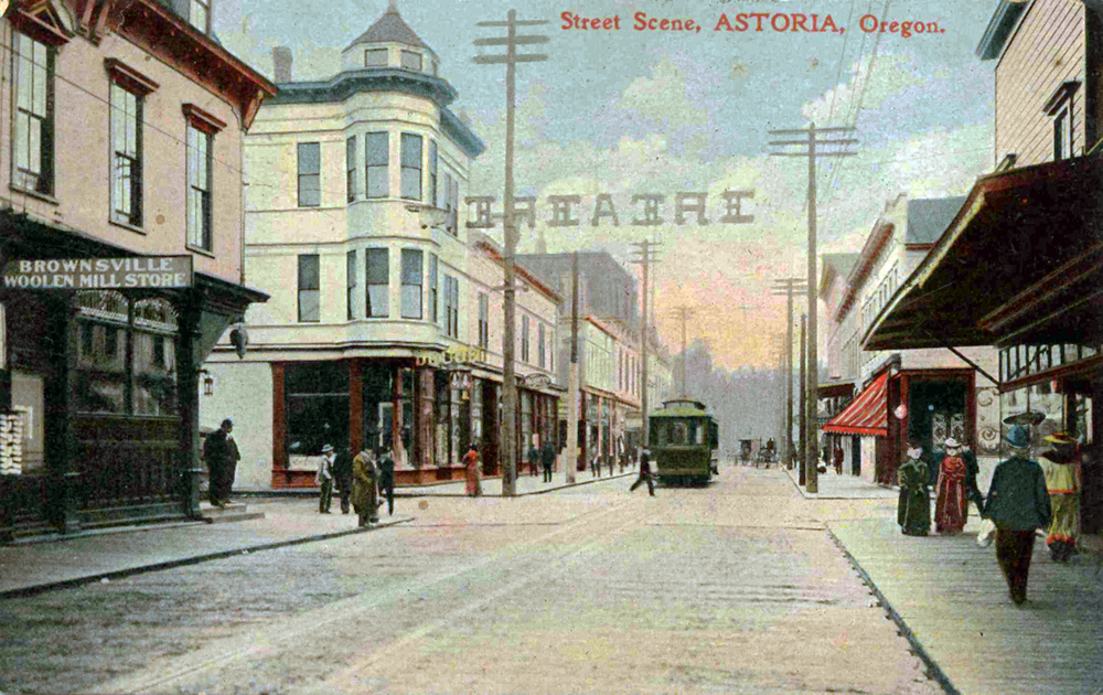 Colored postcard showing trolley on Commercial St., Astoria.