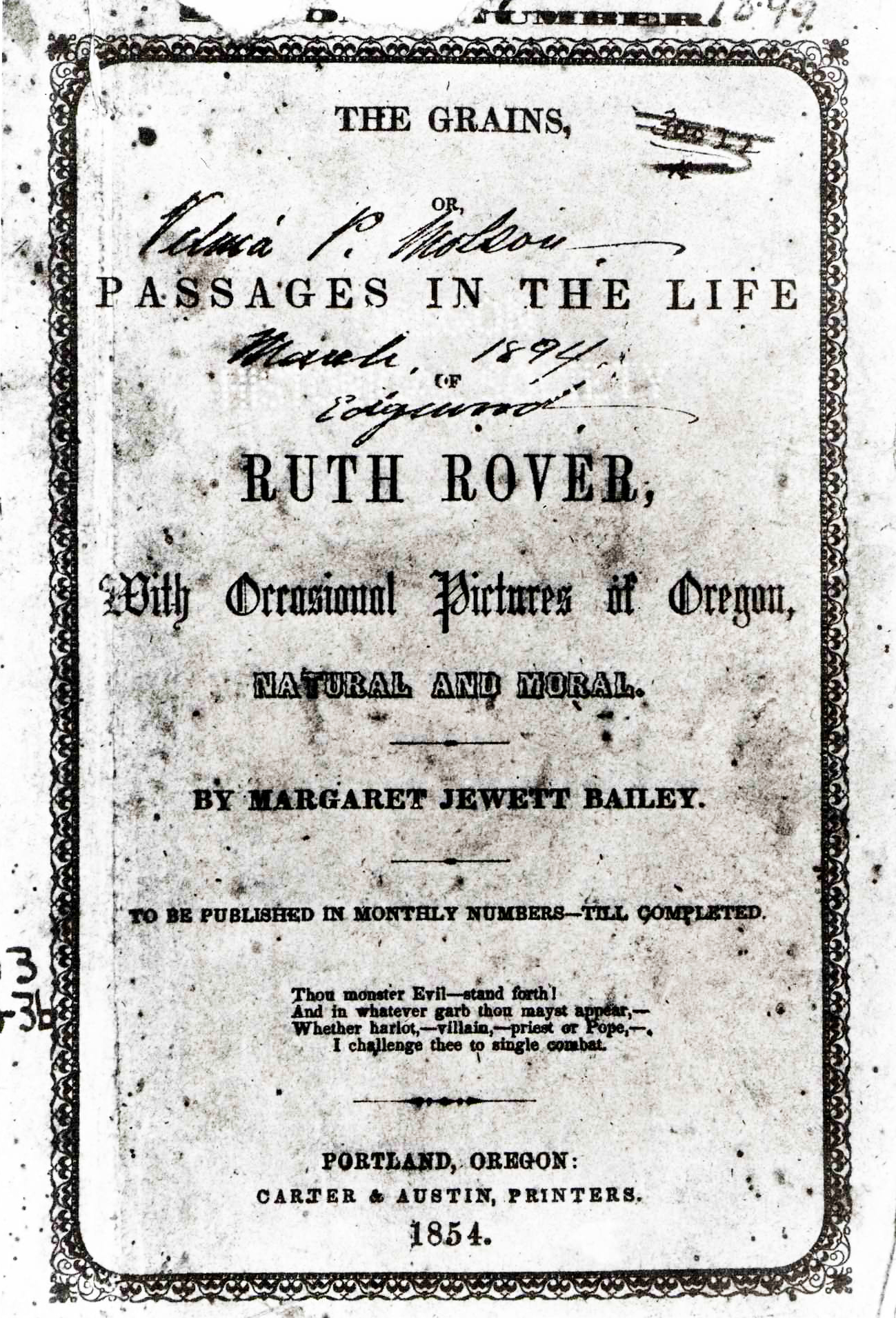 Cover page of Margaret Jewett Bailey's book _The Grains_, 1854.