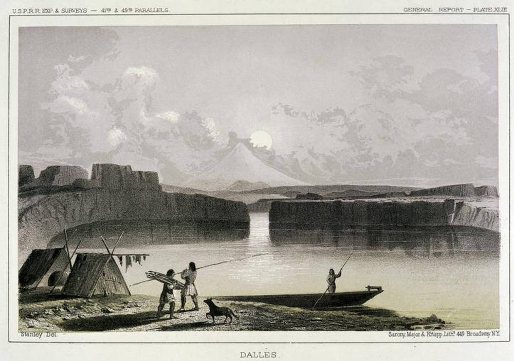 Columbia River area Indian camp at The Dalles, engraving by John Mix Stanley, 1853.
