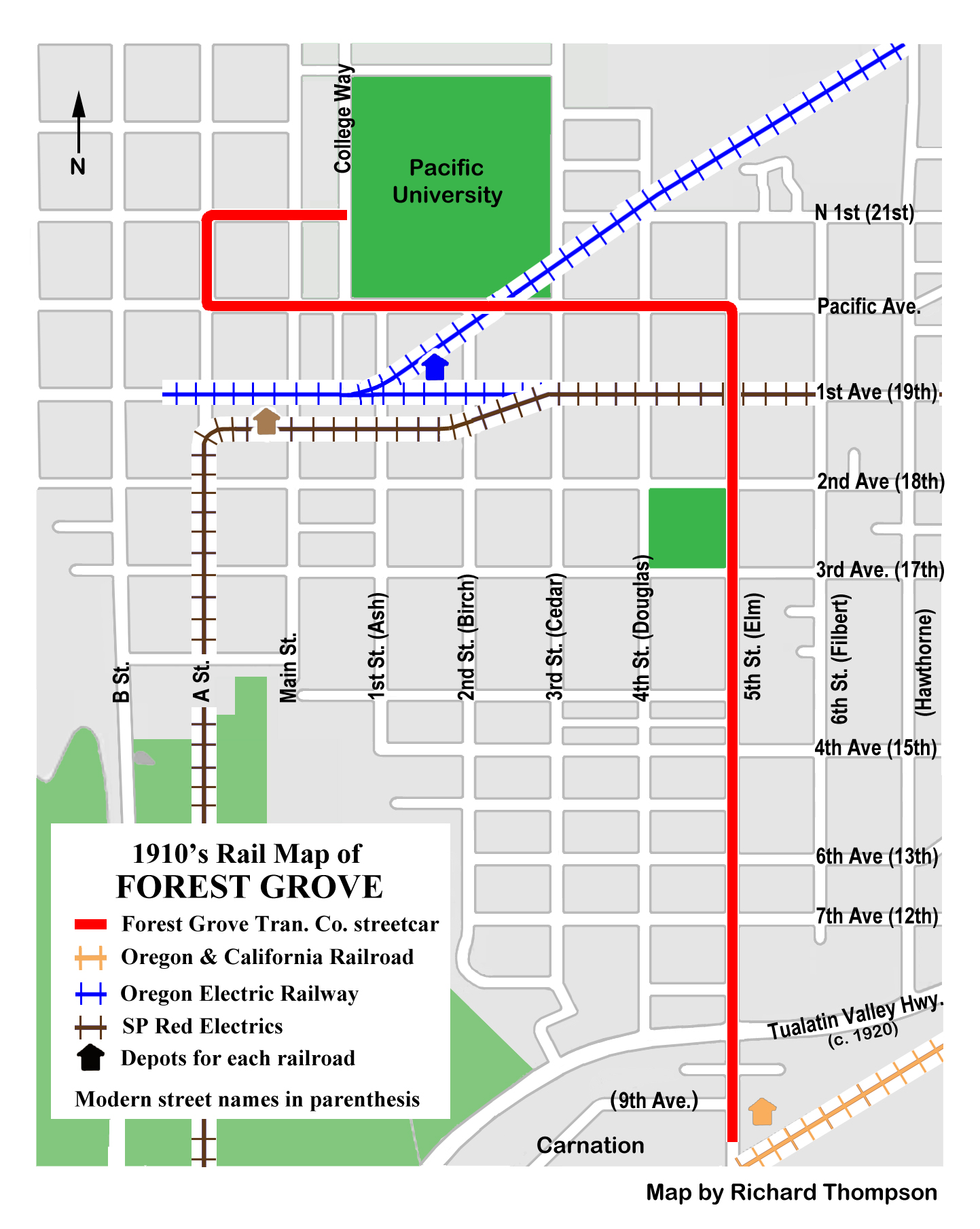 Map of Forest Grove streetcar system, about 1910.