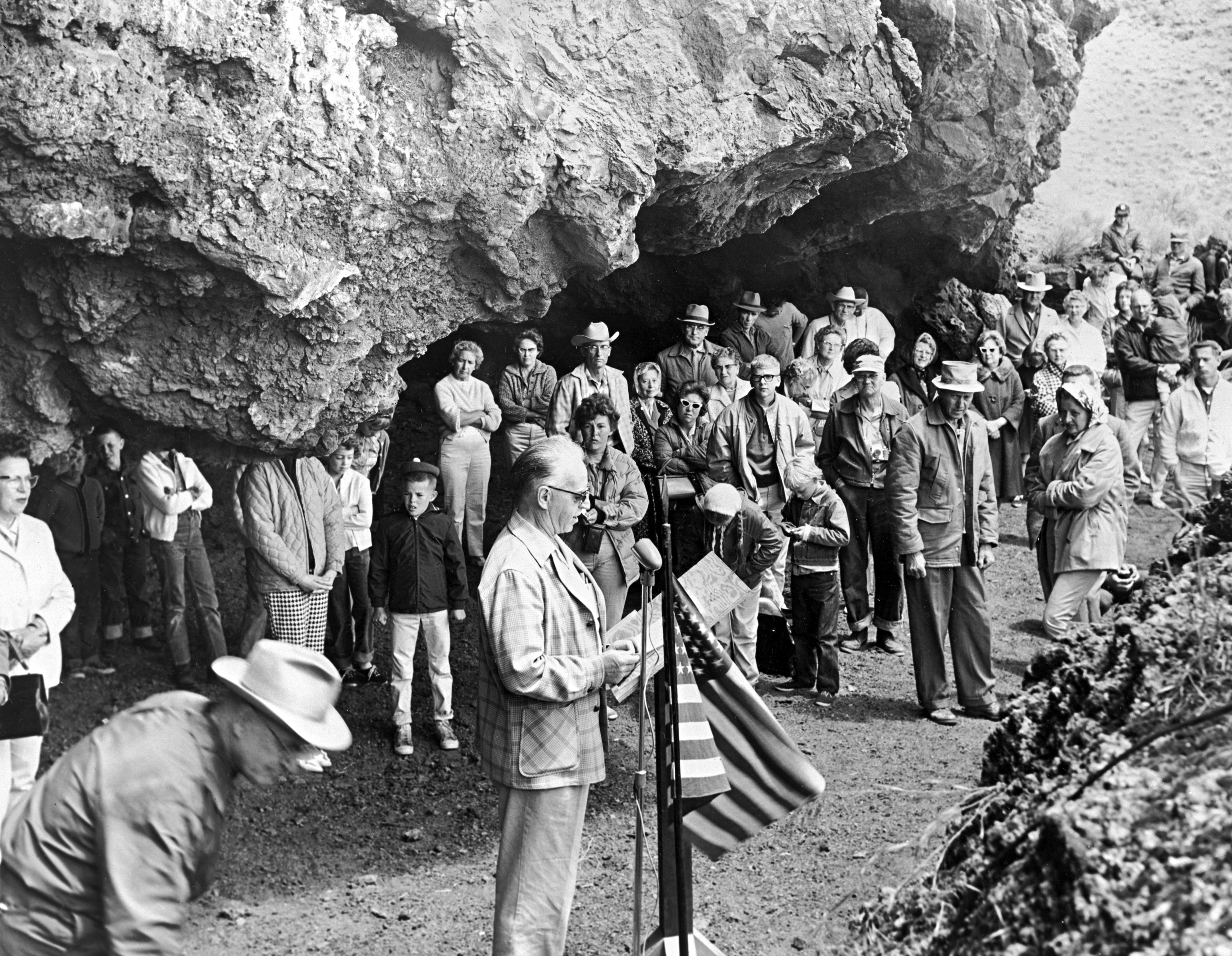 Luther Cressman speaking at Dedication of Fort Rock Cave historical landmark, June 1963.