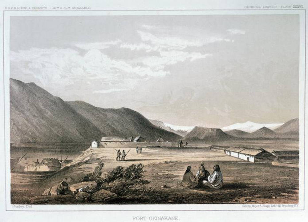 Okanagans seen in front of Fort Okanogan,  engraving by John Mix Stanley, 1853.