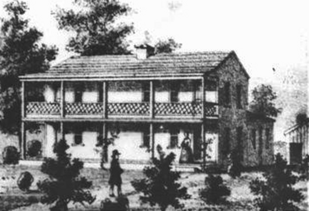 Illustration of the Jason Lee house as it appeared in 1858.