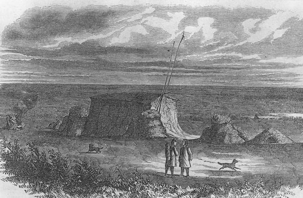 Klamath tule-mat covered lodges, engraving made by John Mix Stanley in1855.