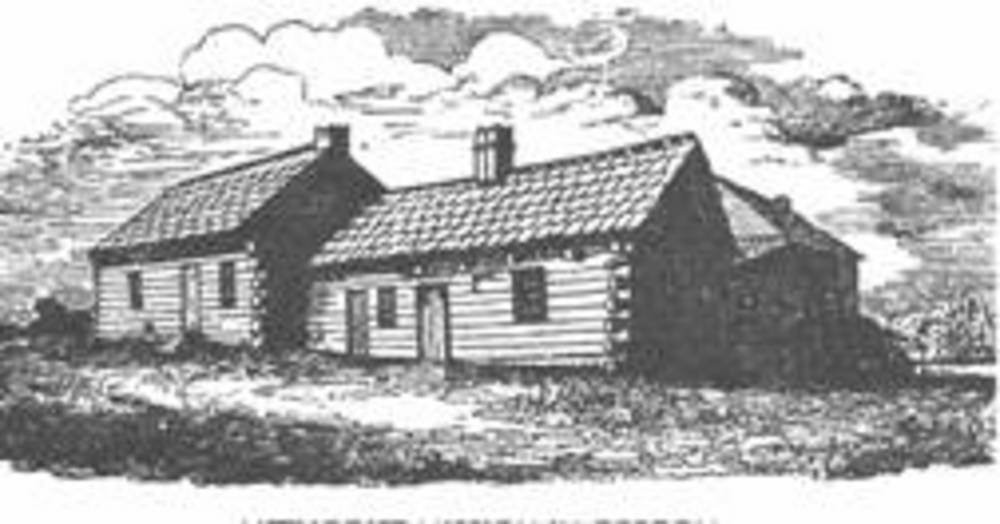 Engraving of the original Methodist mission lived in by Jason Lee, based on a sketch made by U.S. Exploring Exped. in 1841.