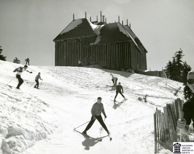 Mt. Ashland lodge and skiers, 1964.