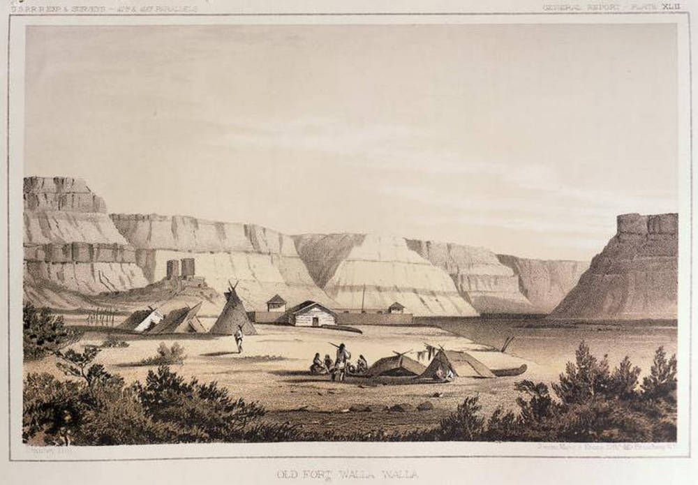 Nez Perce camp outside walls of Old Fort Walla Walla on the Columbia River, Washington,  engraving made by John Mix Stanley in 1853.
