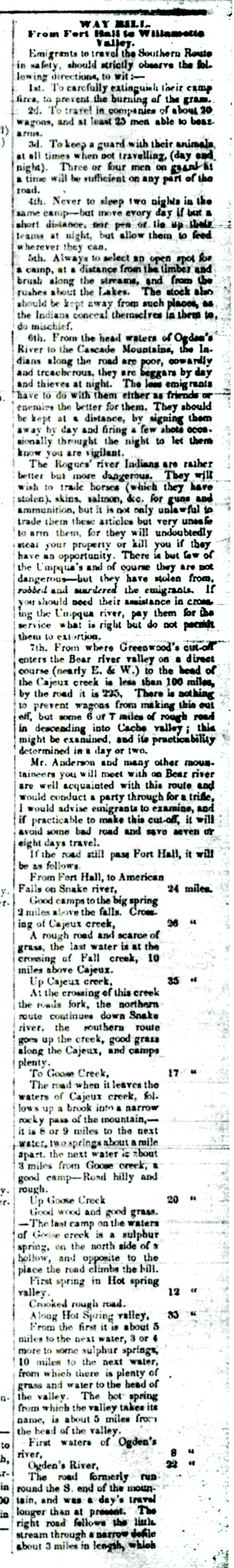 First part of Levi Scott's Applegate Trail waybill published in Oregon Spectator of Apr 6, 1848, page 1.
