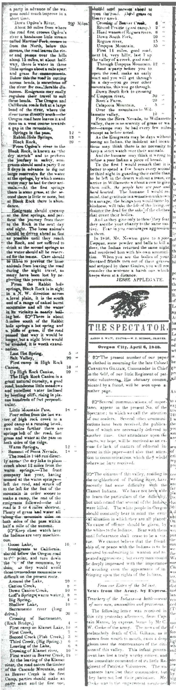 Second part of Levi Scott's Applegate Trail waybill published in Oregon Spectator of Apr 6, 1848, page 2.