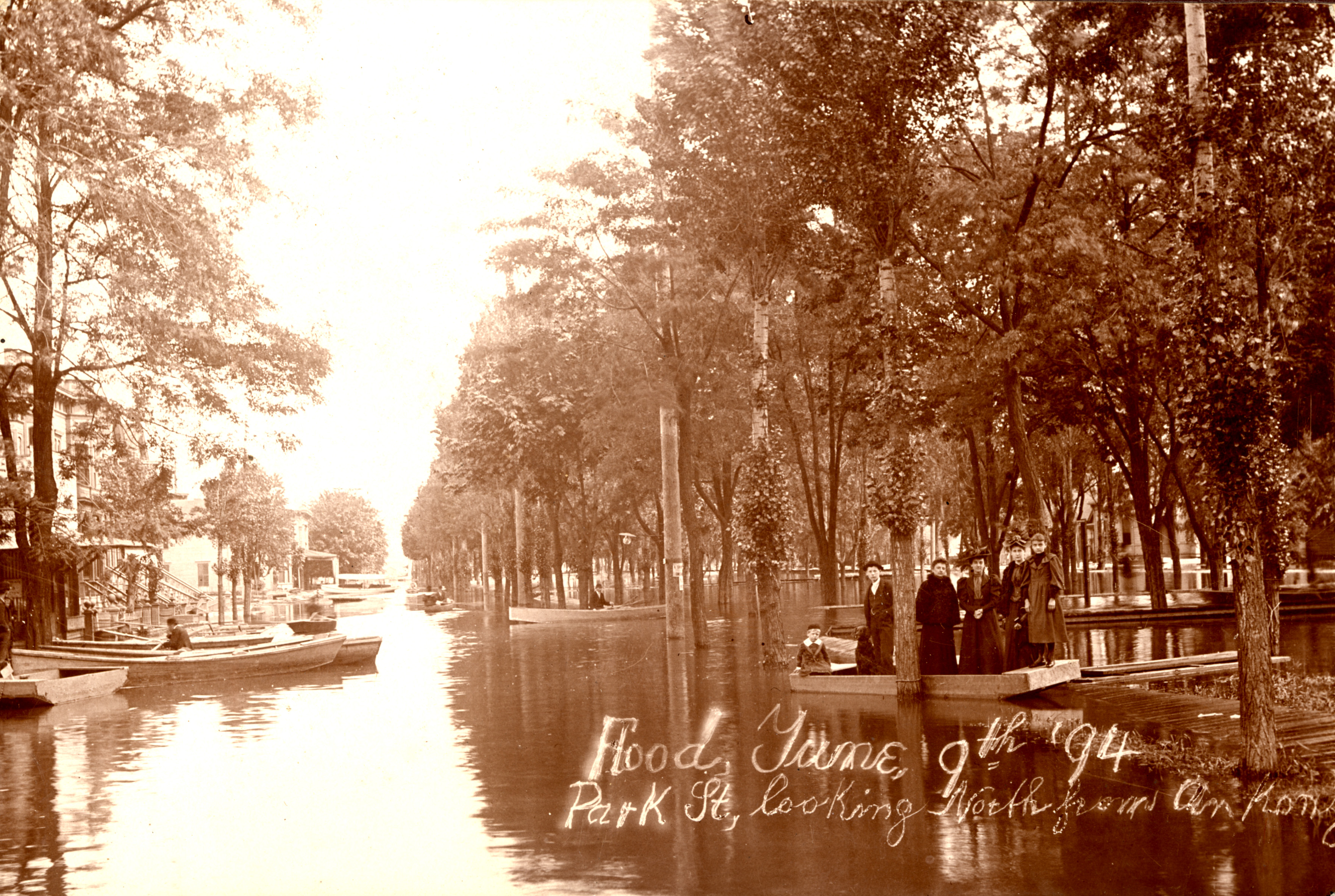 Park St., north from Ankeny, in Portland's North Park Blocks during flood, June 9, 1894.