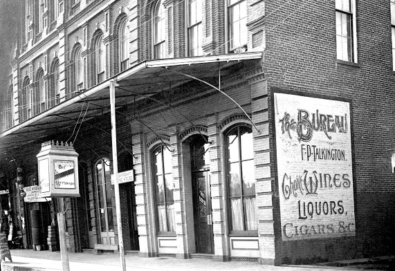 F. P. Talkington's "The Bureau" saloon in the Reed Opera House building, 1890s.
