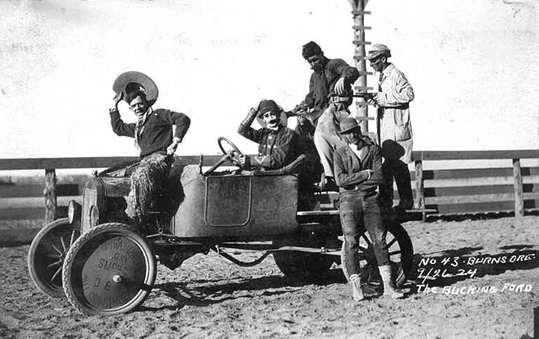 Rodeo clowns ham it up on the "Bucking Ford," 1924. Harney County Round-up.