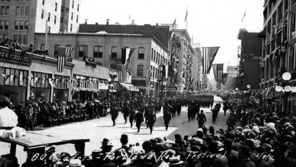 Cadets marching in Portland's Rose Festival parade, 1911.