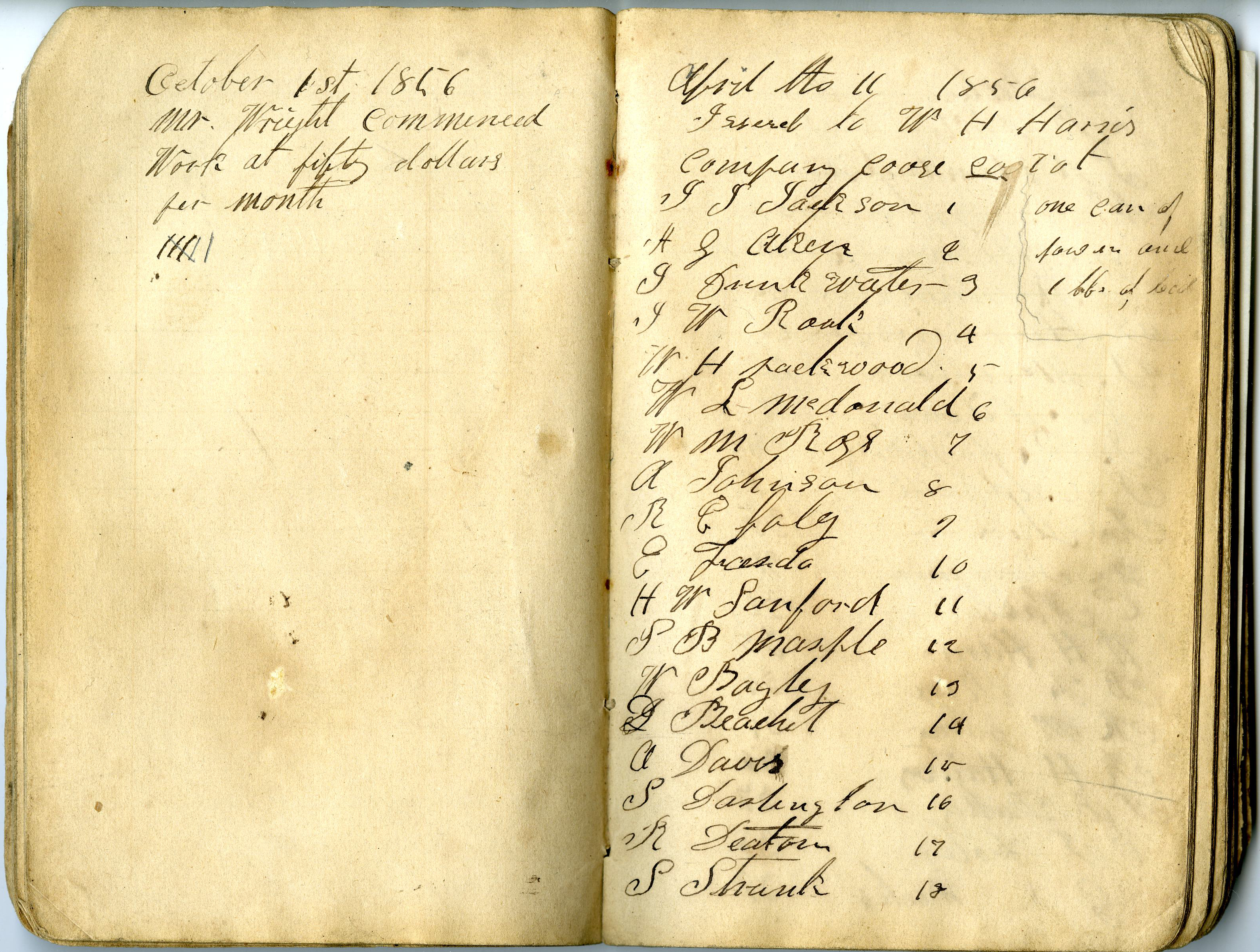 First page of Thomas Ellitson's account book, listing Coos County Volunteers. The booklet also contains supply purchases, including powder and pounds of lead.