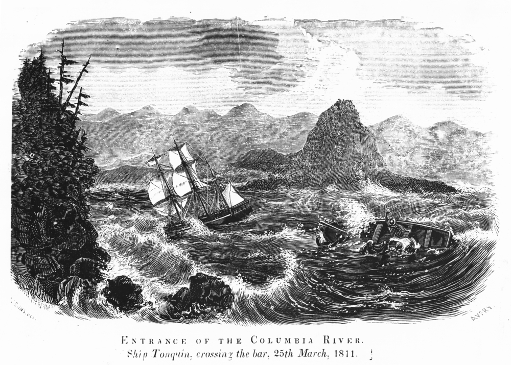 Engraving of Tonquin crossing Columbia River bar, March 25 1811.