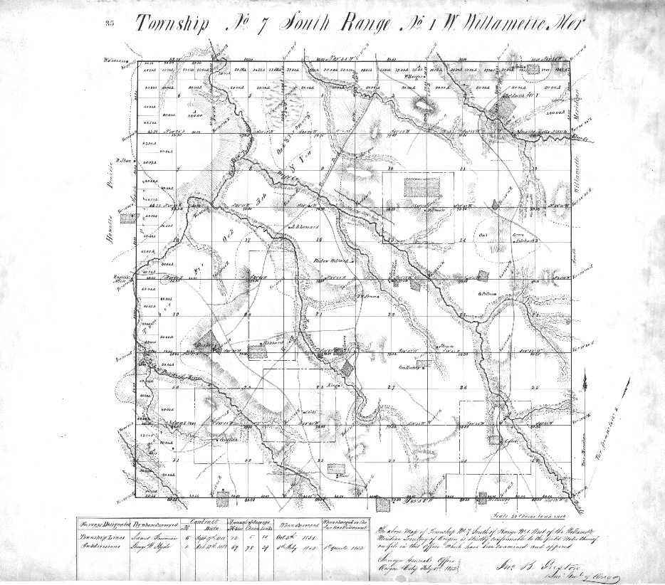 1851 cadastral map of T7S, R1W, includes the northwest portion of Waldo Hills, with Silverton at northern boundary.