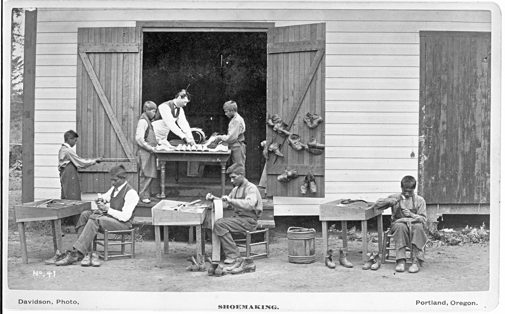 Shoemaking at the Indian Training School in Forest Grove in 1882.