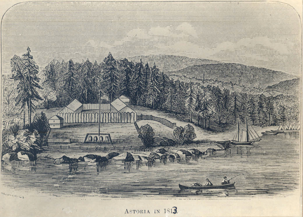 Earliest known illustration of Fort Astoria, by Gabriel Franchere, employed by Astor,