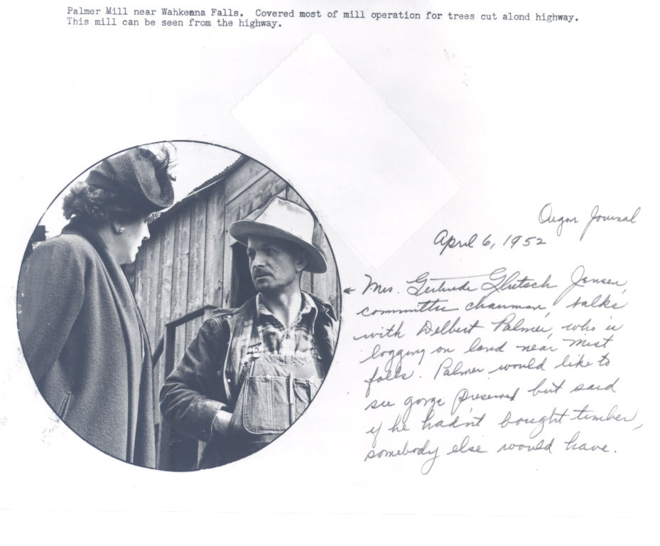 Gertrude Jensen speaks with Delbert Palmer, a logger near Mist Falls, in April 1952