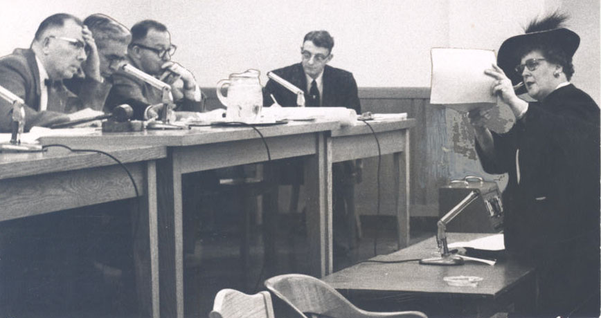 Gertrude Jensen presents before the States Park Commission in 1955 regarding Columbia River Gorge  protection plans.